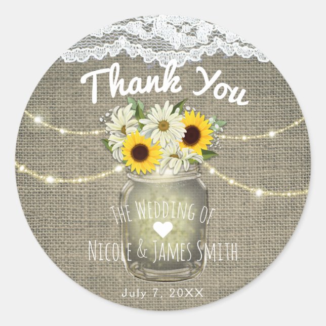 Sticker Rond Burlap Dentelle tournesol & marguerites Mason Jar  (Devant)