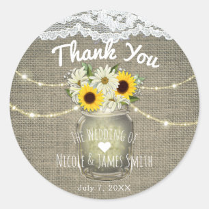 Sticker Rond Burlap Dentelle tournesol & marguerites Mason Jar 