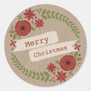 Sticker Rond Burlap Inspecred Floral Wreath Christmas