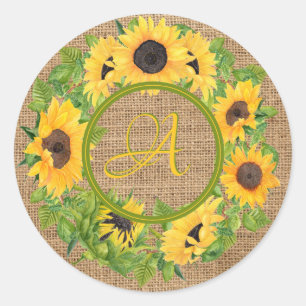 Sticker Rond Burlap Monogramme Rustique Des Tournesols