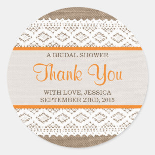 Sticker Rond Burlap rustique et Fête des mariées en dentelle bl