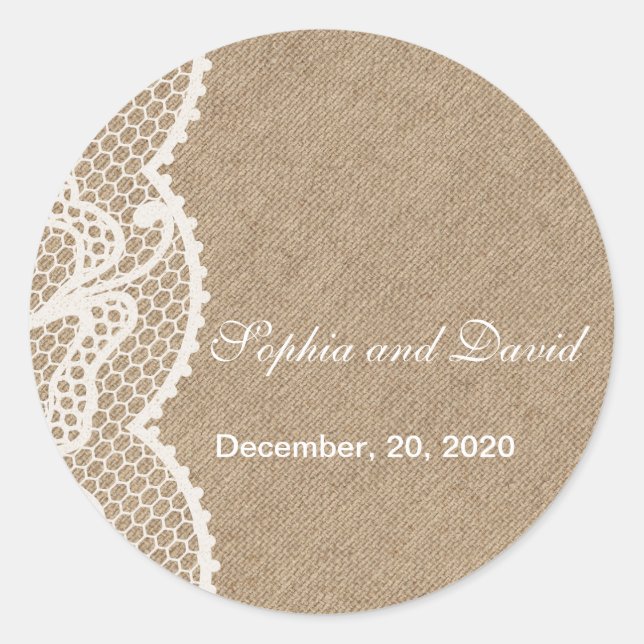 Sticker Rond Burlap rustique et mariage de dentelle Favoriser l (Devant)