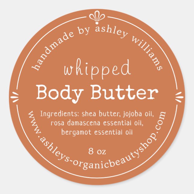 Sticker Rond Burnt Orange Script Handmade Body Butter Label (Devant)