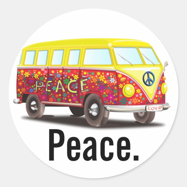 Sticker Rond Bus hippy pour la paix et l'amour (Devant)
