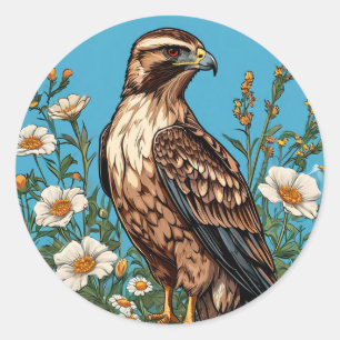 Sticker Rond Buse commune oiseau parmi les fleurs épanouies