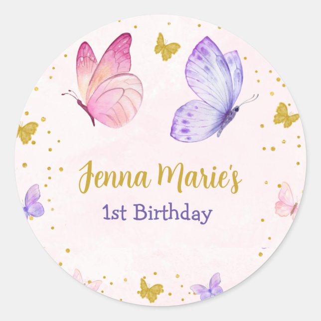 STICKER ROND BUTTERFLY KISSES ROSE & PURPLE 1ER ANNIVERSAIRE (Devant)