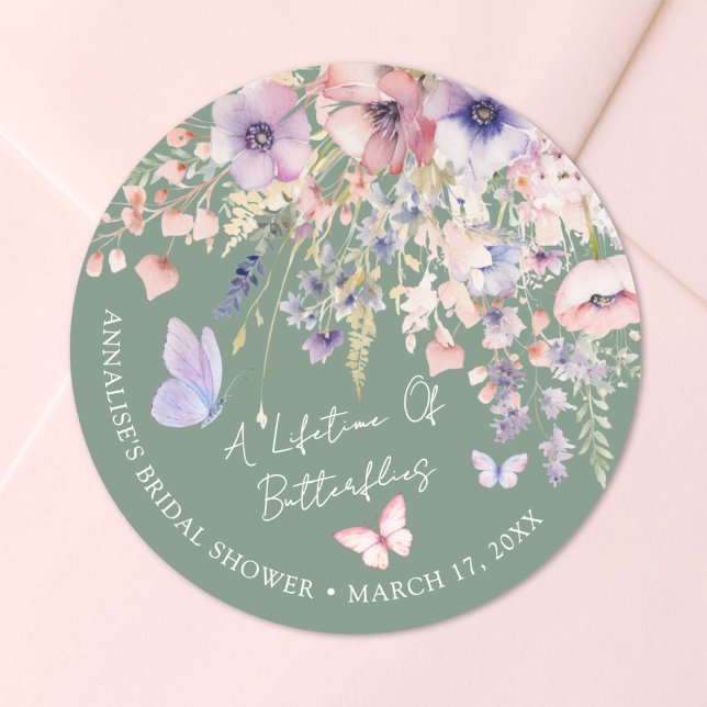 Sticker Rond Butterfly Wildflower Bridal Shower (Butterfly Wildflower Bridal Shower Classic Round Sticker )