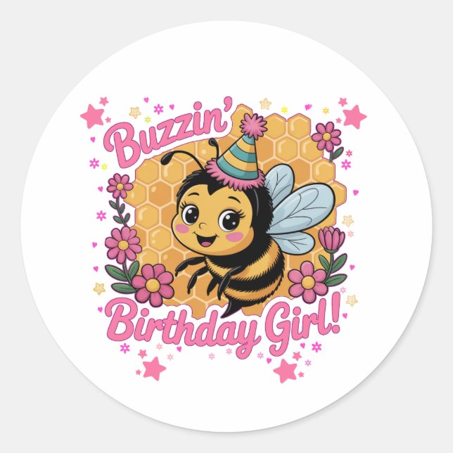 Sticker Rond Buzzin' Birthday Girl Bee Theme mignonne Bee Lover (Devant)