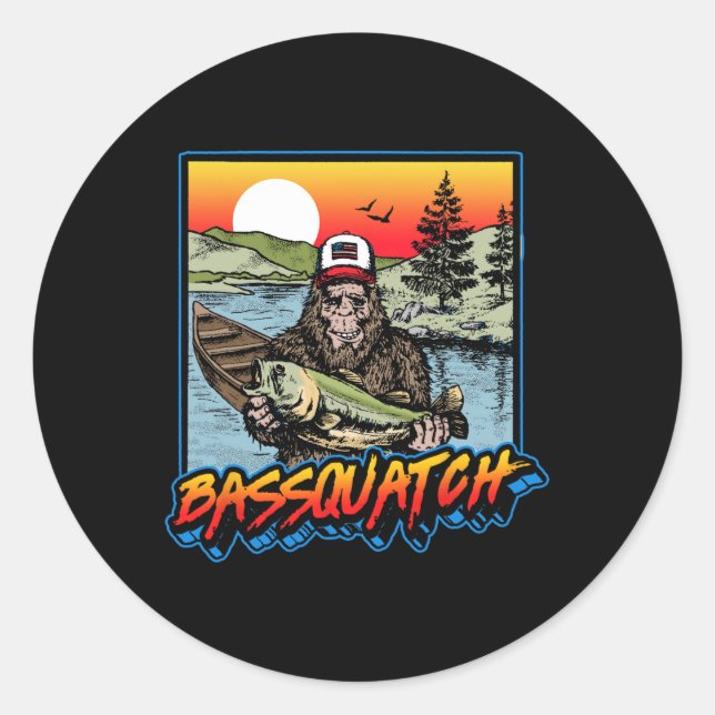 Sticker Rond Byssquatch ! Drôle de pêche Byss Sasquatch Rétro 8 (Devant)