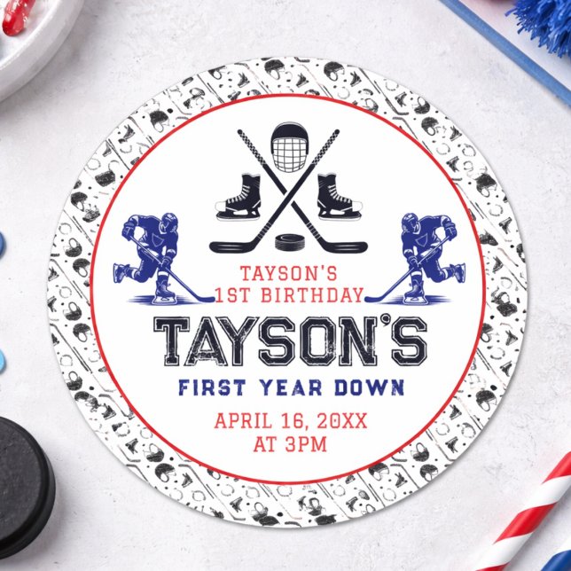 Sticker Rond C’est le temps du jeu Hockey 1er anniversaire (It’s Game Time Hockey 1st Birthday Party Classic Round Sticker)