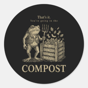 Sticker Rond Ça va au compost drôle de grenouille jardinage