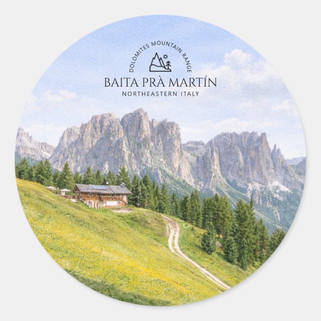 Sticker Rond Cabane alpine dans les Dolomites Aquarelle Paysage (Devant)