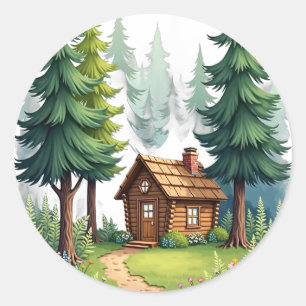 Sticker Rond Cabane Cottagecore Forêt Fleurs Sauvages Évasion N