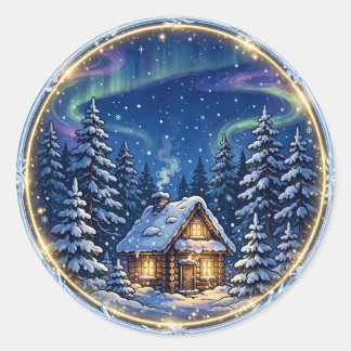 Sticker Rond Cabane de Noël Cosy — Badge de Refuge de Cabane en