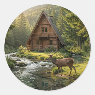 Sticker Rond Cabane en rondins, ruisseau, montagnes et cerfs Ar