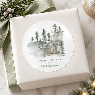 Sticker Rond Cabane Rustique Noël Personnalisé Vert Forêt de No