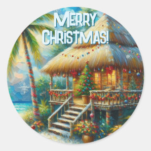 Sticker Rond Cabane Tropicale Noël Palm Tree Beach Lumières
