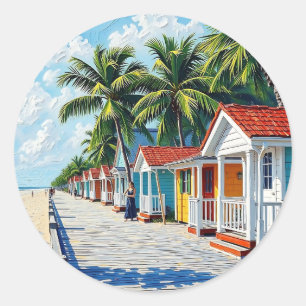 Sticker Rond Cabanes de plage tropicales colorées