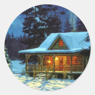 Sticker Rond Cabine d'hiver Noël