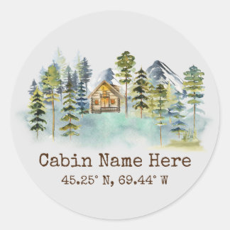 Sticker Rond Cabine Rustique Coordonnées Personnalisées Pinery
