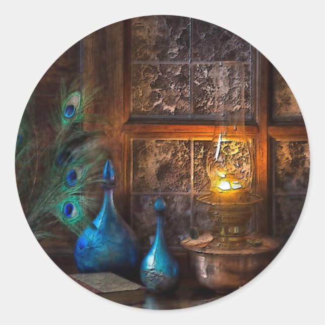 Sticker Rond Cabine rustique lamplié scène brun bleu crème (Devant)