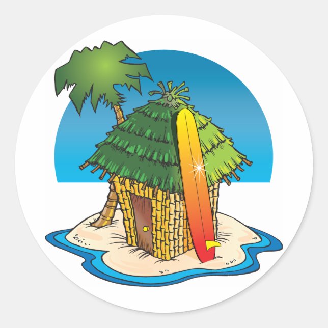 Sticker Rond Cabine Tiki avec surf et palmier (Devant)