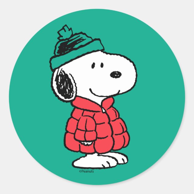 Sticker Rond cacahuètes | Snoopy Chat d'hiver et Casquette (Devant)