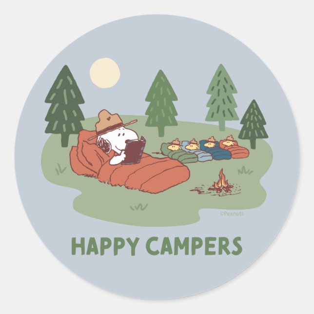Sticker Rond cacahuètes | Snoopy & Woodstock Happy Campers (Devant)