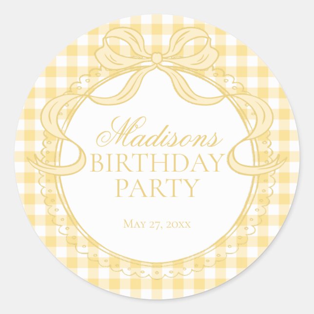 Sticker Rond Cachet Anniversaire à Ruban Coquette Gingham Jaune (Devant)