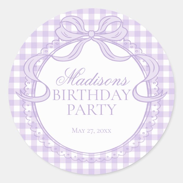 Sticker Rond Cachet Anniversaire à Ruban Coquette Gingham Viole (Devant)