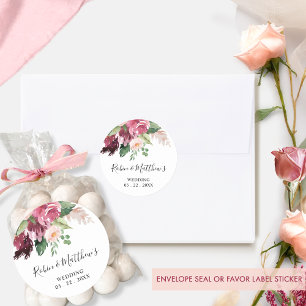 Sticker Rond Cachet / Cadeau d'enveloppe floral bordeaux et ros
