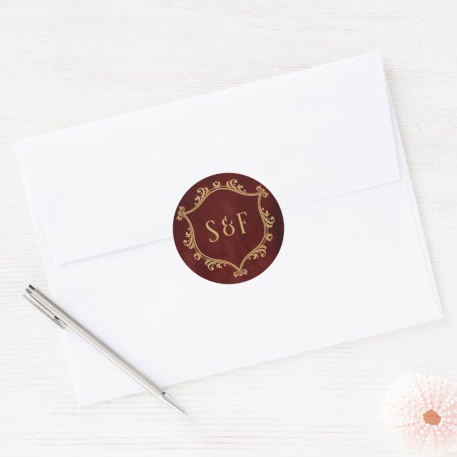 Sticker Rond Cachet de lettre à monogramme Rouge Bourgogne Gold (Enveloppe)