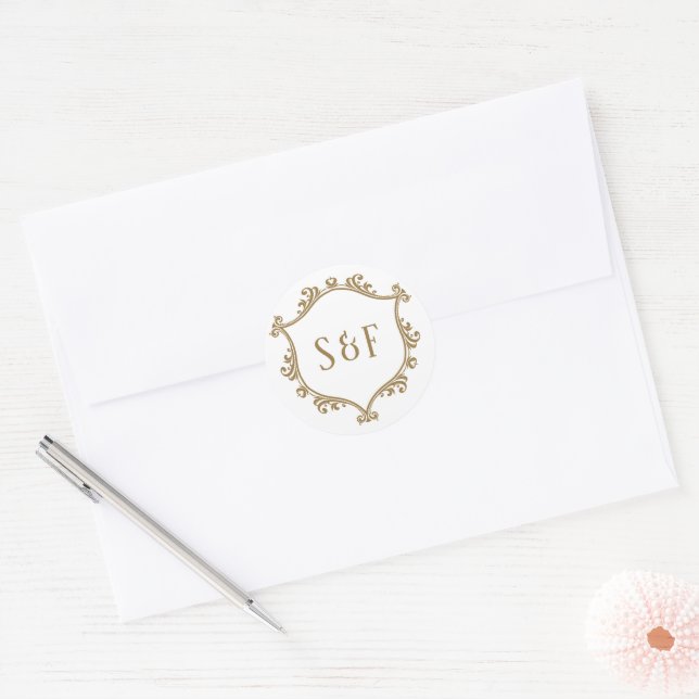 Sticker Rond Cachet de lettre avec monogramme, badge or et blan (Enveloppe)