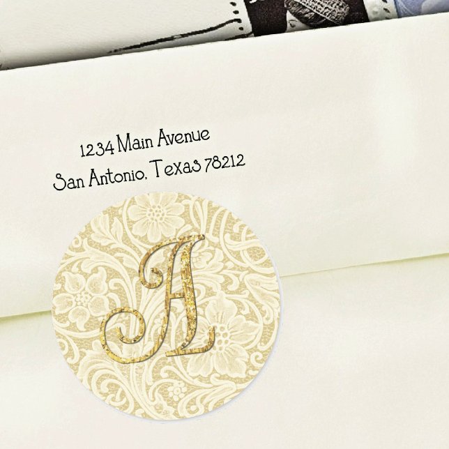 Sticker Rond Cachet de lettre en dentelle à monogramme or (Créateur téléchargé)