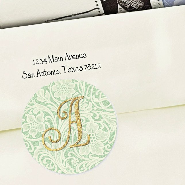 Sticker Rond Cachet de lettre en dentelle à monogramme or vert (Créateur téléchargé)