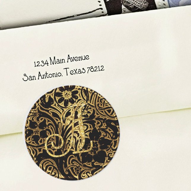Sticker Rond Cachet de mariage à dentelle avec monogramme doré (Créateur téléchargé)