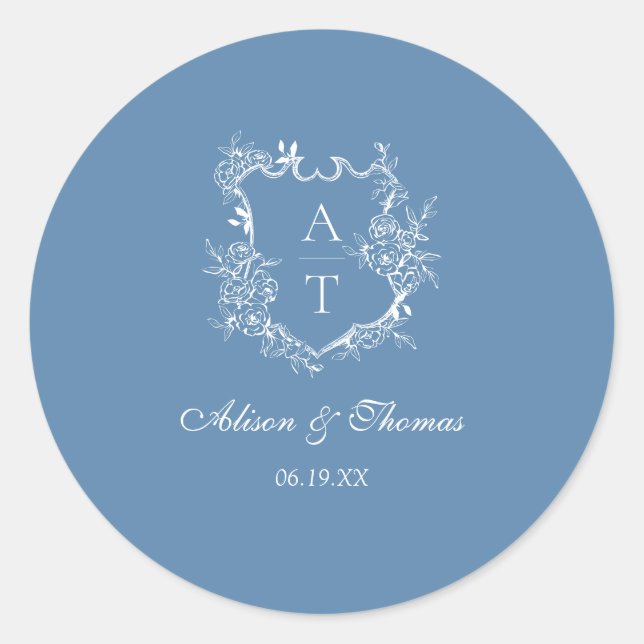 Sticker Rond Cachet de mariage à sceau vibrant bleu monogramme (Devant)