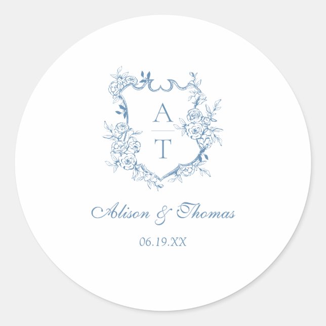 Sticker Rond Cachet de mariage à sceau vibrant bleu monogramme (Devant)
