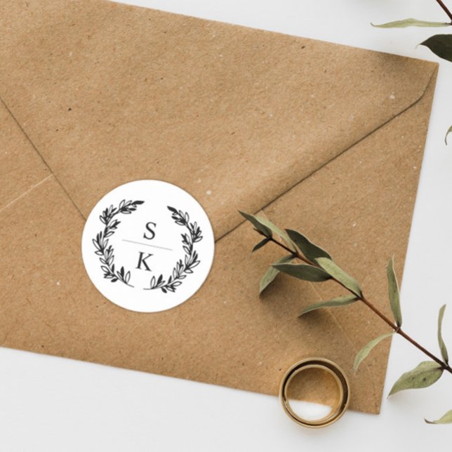 Sticker Rond Cachet de mariage monogramme à couronne de laurier (Créateur téléchargé)