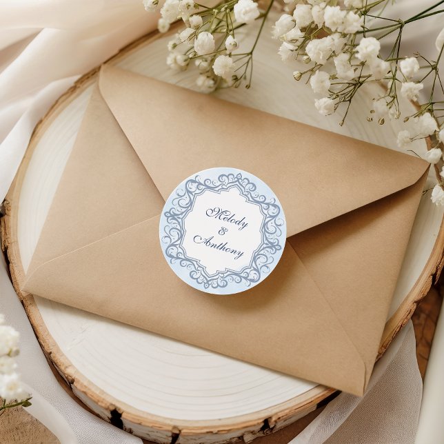 Sticker Rond Cachet de mariage orné monogramme bleu français (Créateur téléchargé)