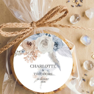Sticker Rond Cachet de mariage poussiéreux bleu beige floral or