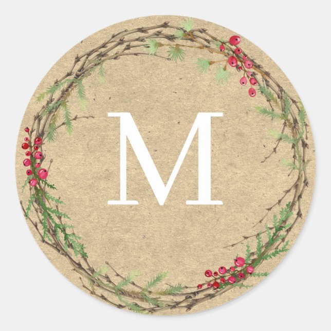 Sticker Rond Cachet de monogramme de couronne de Noël Kraft (Devant)