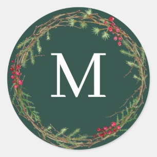 Sticker Rond Cachet de monogramme de couronne de Noël vert forê