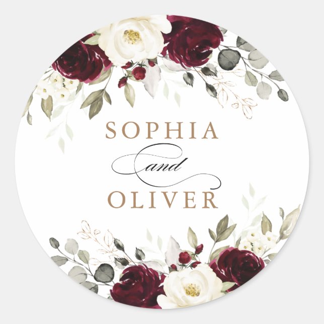 Sticker Rond Cachet d'enveloppe floral Bourgogne blanc verdure  (Devant)