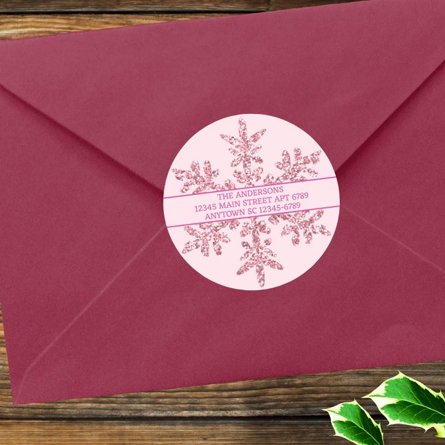 Sticker Rond Cachet d'enveloppe rustique chic rose glamour floc (Use these pink snowflake stickers as combo address labels and envelope seals or add your own text)