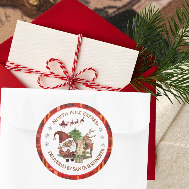 Sticker Rond Cachet officiel North Pole Express Santa à carreau (Official North Pole Express Santa Red Plaid Classic Round Sticker)