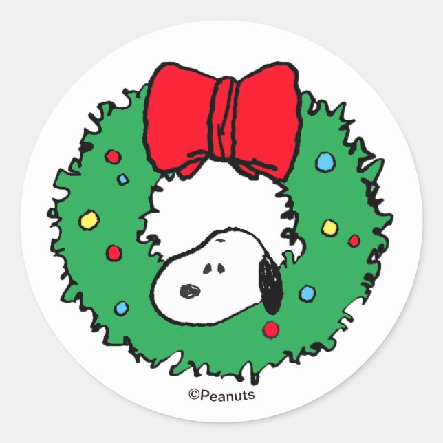 Sticker Rond Cachou | Couronne et noeud de Noël Snoopy (Devant)