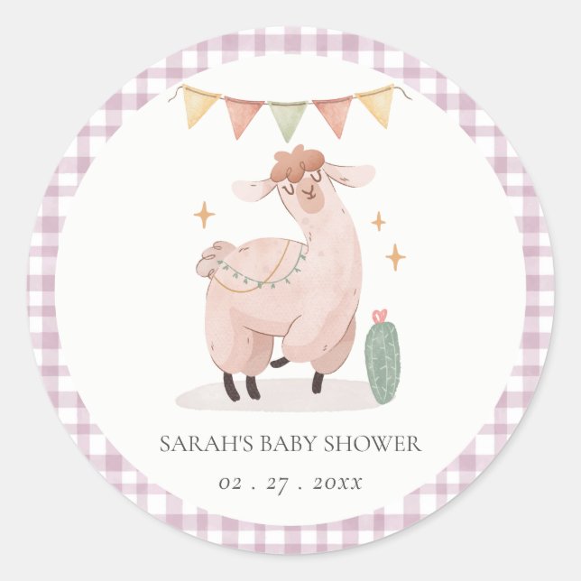 Sticker Rond Cactus Boho Llama mignonne violet plaid Baby showe (Devant)