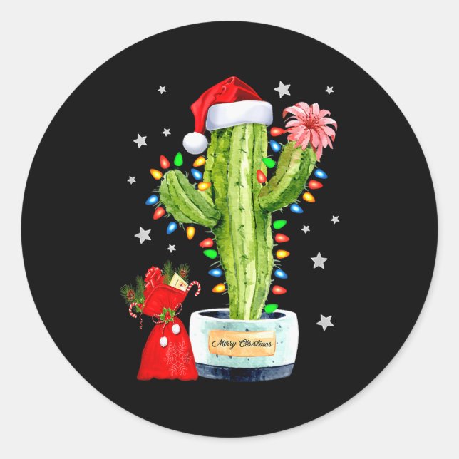 Sticker Rond Cactus Christmas Sweater Lights Santa Xmas Plant L (Devant)