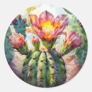 Sticker Rond Cactus d'aquarelle avec Fleurs du désert vibrantes